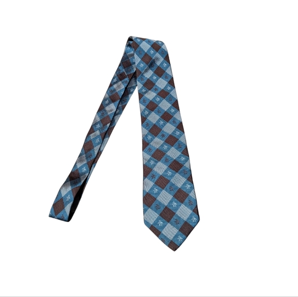 Original Penguin Brown Blue Penguin Silk Narrow Tie Preppy Logo Check - Picture 2 of 6